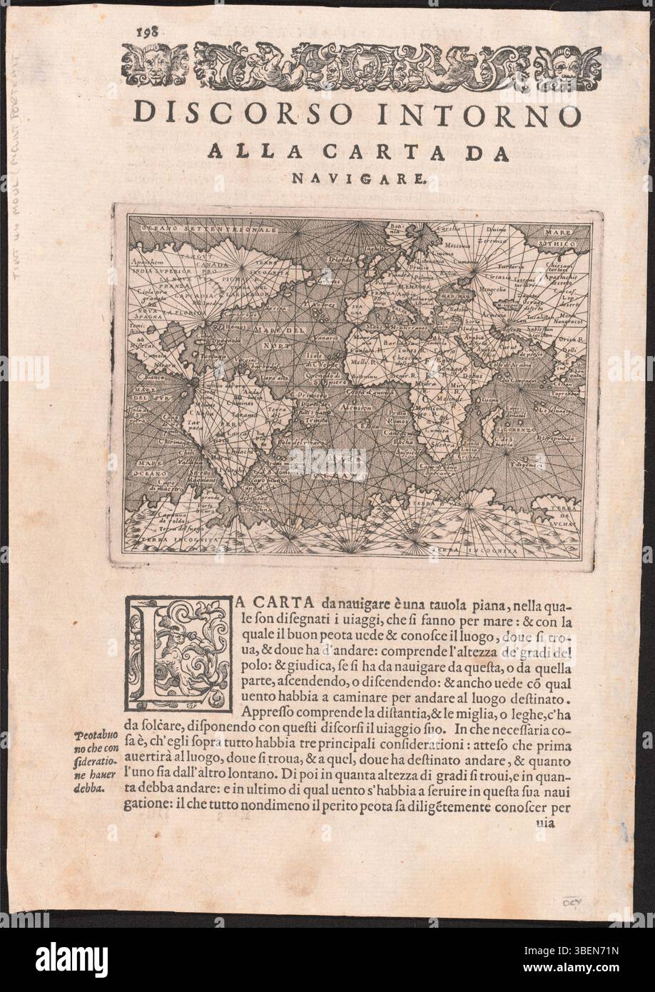 "Discorso intorno alla carta da navigare", un trattato del 1572 di Girolamo Porro, che discute i principi della cartografia marina e della creazione di carte nell'Italia rinascimentale. Foto Stock