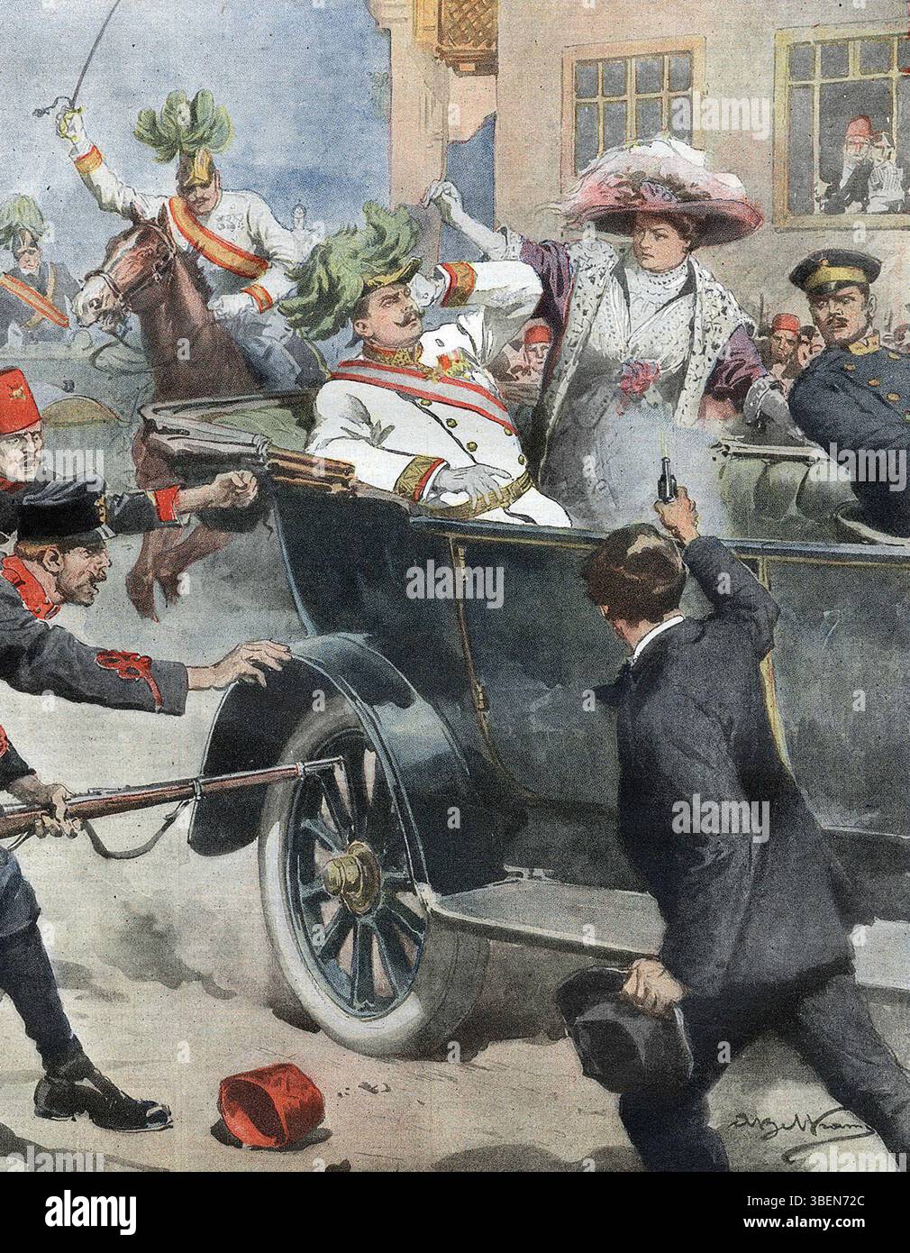 Assassinat de l'archiduc heritier d'Autriche Francois-Ferdinand (Franz Ferdinand ou Francois Ferdinand) et de la duchesse sa femme à Sarajevo - in 'la domenica del Corriere' du 12/07/1914. Assassinio di Francesco Ferdinando, 1863-1914 Arciduca d'Austria, e di sua moglie Sofia, a Sarajevo, Bosnia, 28 giugno 1914, ©Bianchetti/Leemage Foto Stock