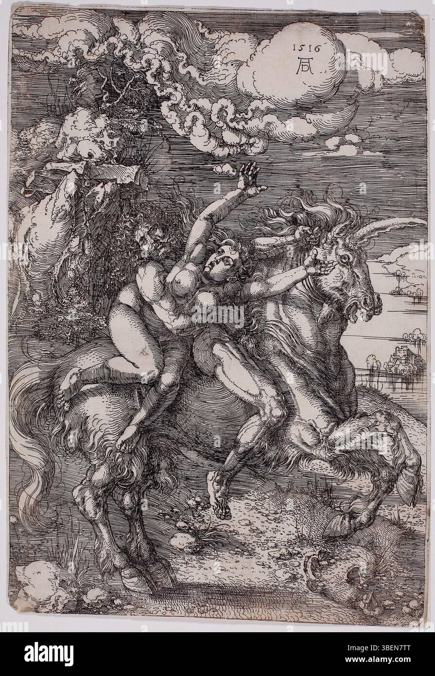 Incisione di Albrecht Dürer che illustra il mitologico rapimento di Proserpina in sella a un unicorno, datata 1516. Foto Stock