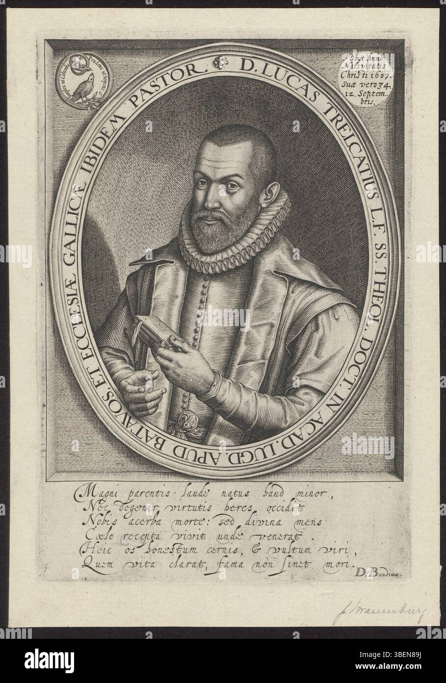 Incisione di Willem Isaacsz. Van Swanenburg raffigura Lucas Trelcatius, professore di teologia all'Università di Leida, con un libro, con versi latini iscritti sotto. Foto Stock