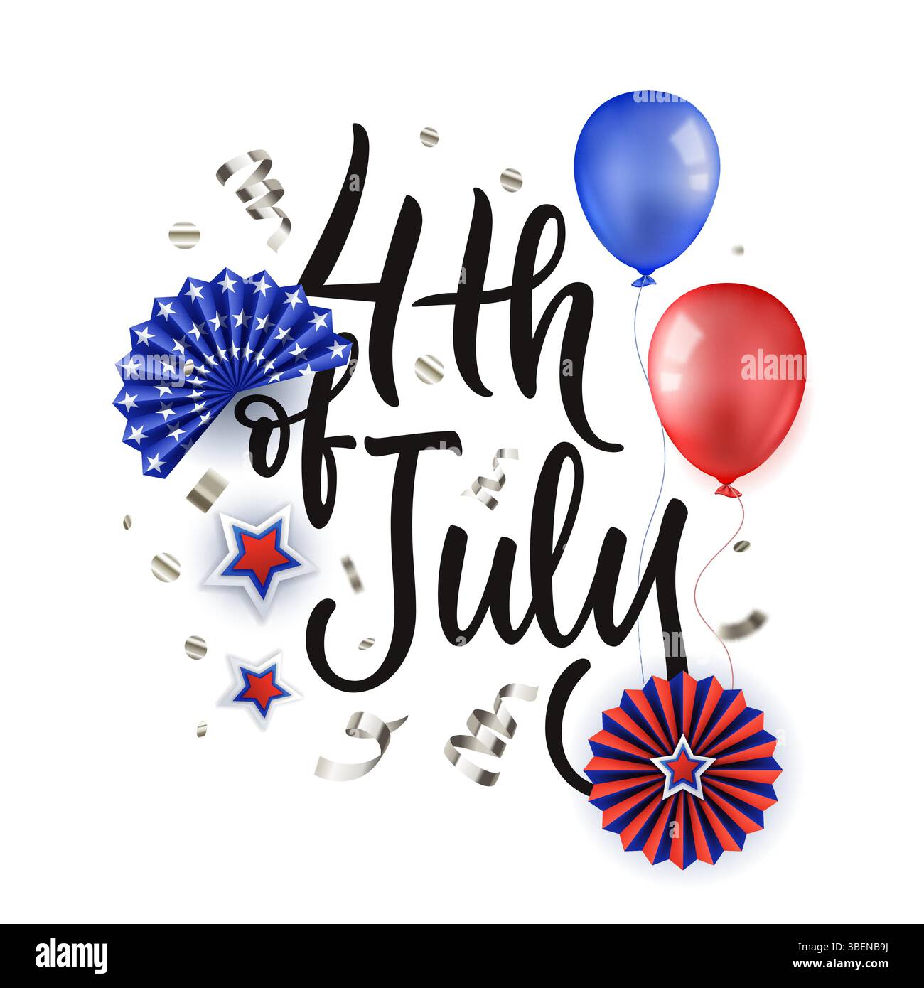 4 luglio scritta calligrafica con colorate stelle di carta 3d e palloncini isolati su sfondo bianco. Design di banner, poster, biglietti d'auguri Illustrazione Vettoriale