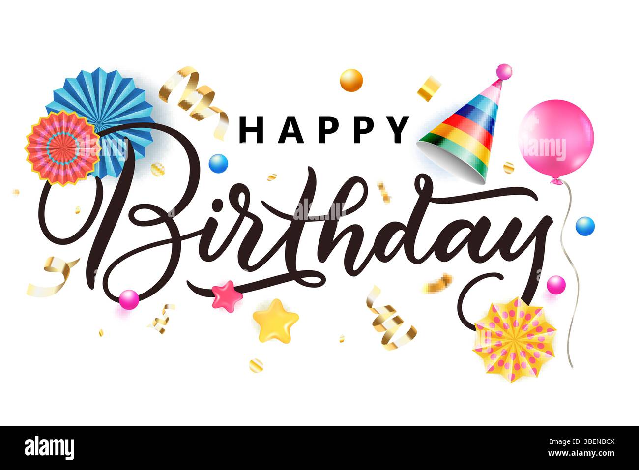 Lettere calligrafiche per buon compleanno con colorati cappelli a cono 3d per feste, stelle di carta, palloncini isolati su sfondo bianco. Striscione, poster, saluto Illustrazione Vettoriale