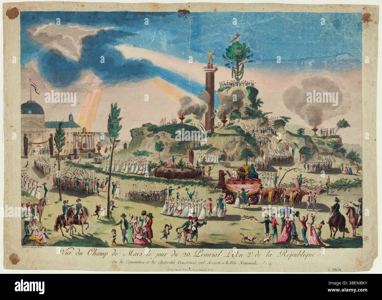 Questa scena del 1794 di Jean Teissier mostra il campo di Marte nel giorno del Festival dell'essere Supremo, un evento significativo durante la Rivoluzione francese, quando i rivoluzionari celebrarono una nuova fede civica. Foto Stock