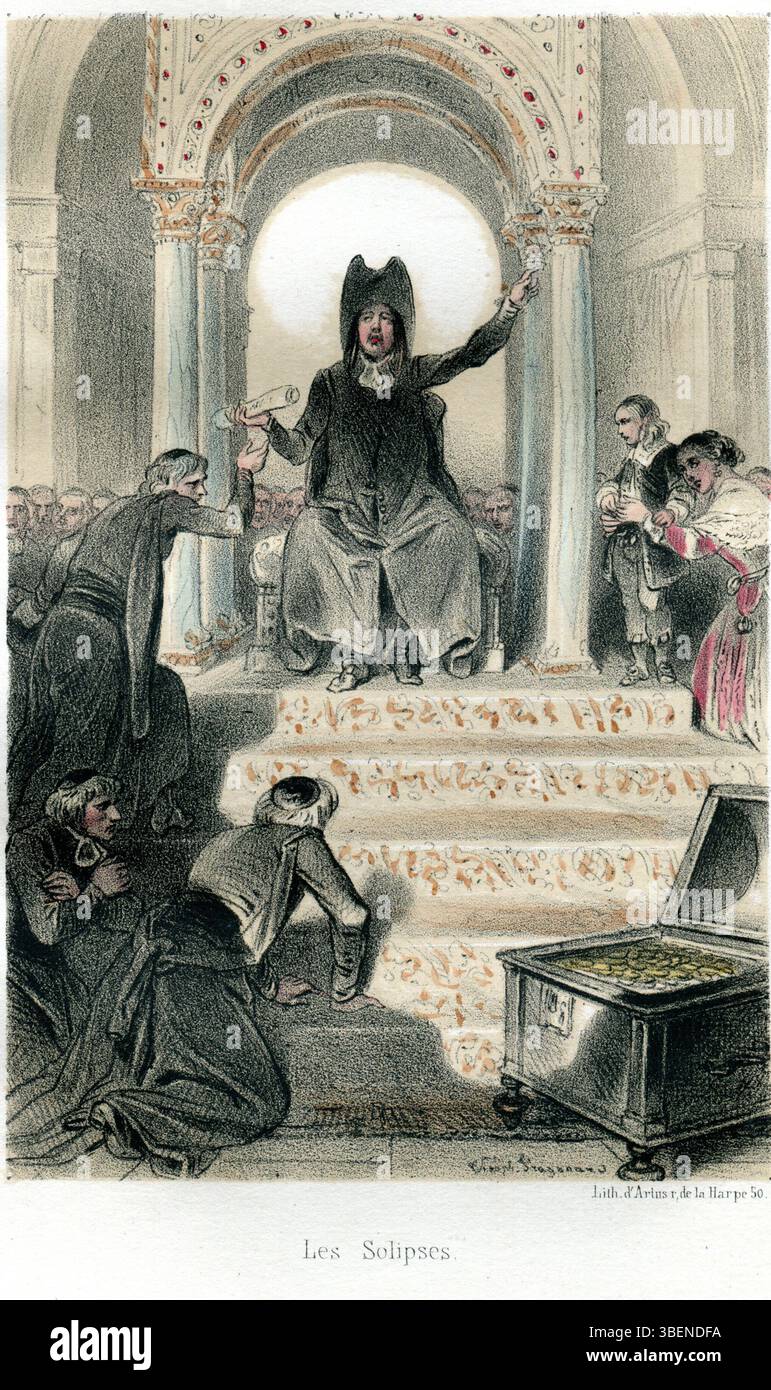 "Les Solipses" da "Histoire des Jésuites II" di Théophine Fragonard presenta illustrazioni che riflettono i dibattiti intellettuali e filosofici all'interno della comunità gesuita, concentrandosi in particolare sulle opinioni solipsistiche che hanno influenzato alcune delle loro discussioni teologiche nel XVII secolo. Foto Stock