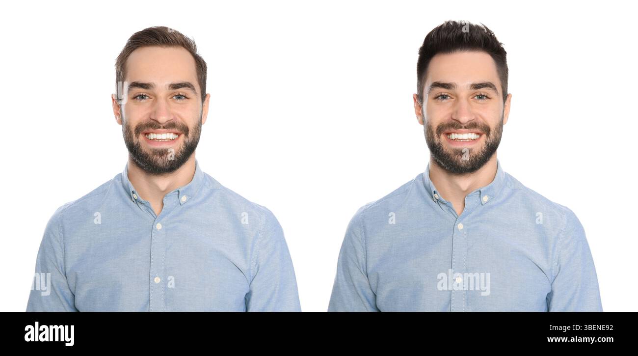 Uomo con diverse acconciature su sfondo bianco, collage di ritratti Foto Stock