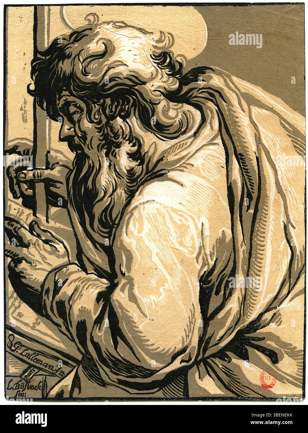 Questo chiaroscuro inciso su legno di Ludolph Büsinck, creato intorno al 1625, ritrae San Matteo tra gli apostoli, sottolineando il drammatico contrasto di luce e ombra caratteristico della tecnica. L'opera fa parte di una serie raffigurante Cristo e i suoi apostoli. Foto Stock