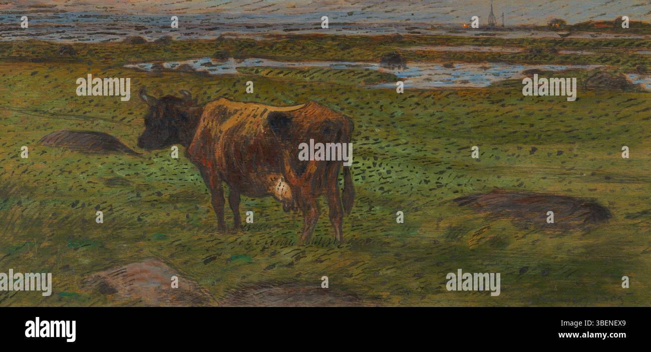 "Evening" di Nils Kreuger, dipinto nel 1905, cattura un paesaggio al crepuscolo con colori tenui e un'atmosfera rurale tranquilla. Foto Stock