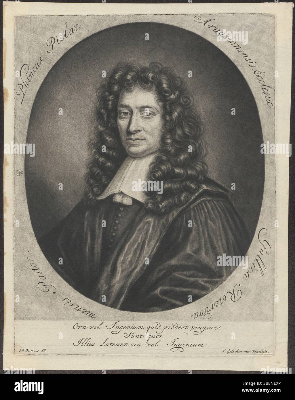 Ritratto inciso di Phinéas Piélat, ministro vallone a Rotterdam, creato da Jacob Gole su un dipinto di B. Vaillant. Una poesia latina è incisa sotto l'immagine. Foto Stock