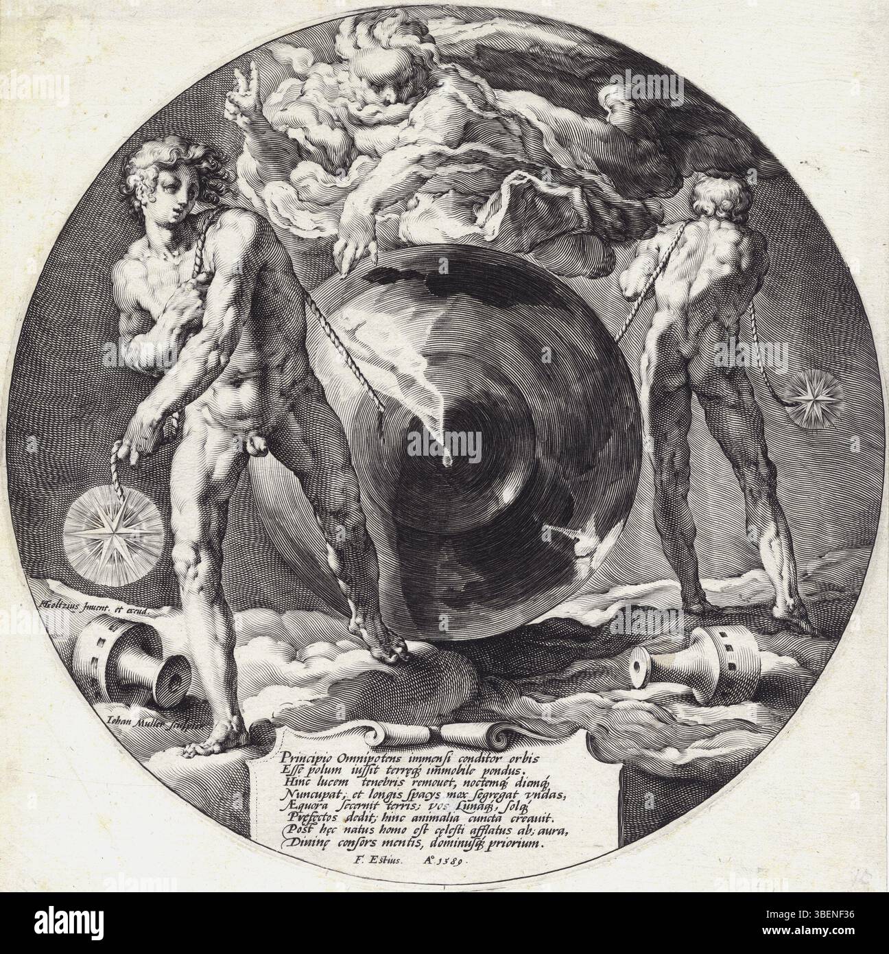 Incisione di Jan Muller su Hendrik Goltzius del 1589, raffigurante la creazione biblica con lo Spirito di Dio che si muove sulle acque. Foto Stock