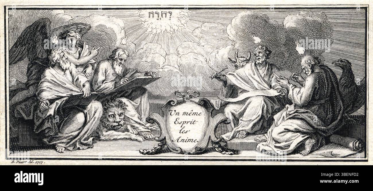 "De vier evangelisten en hun symbolen rond de naam Gods in tetragram" di Bernard Picart (1673-1733) è un'incisione simbolica che rappresenta i quattro evangelisti e i loro simboli associati. L'opera incorpora l'iconografia religiosa e il tetragramma, una rappresentazione del nome di Dio in ebraico, illustrando temi teologici cristiani. Foto Stock