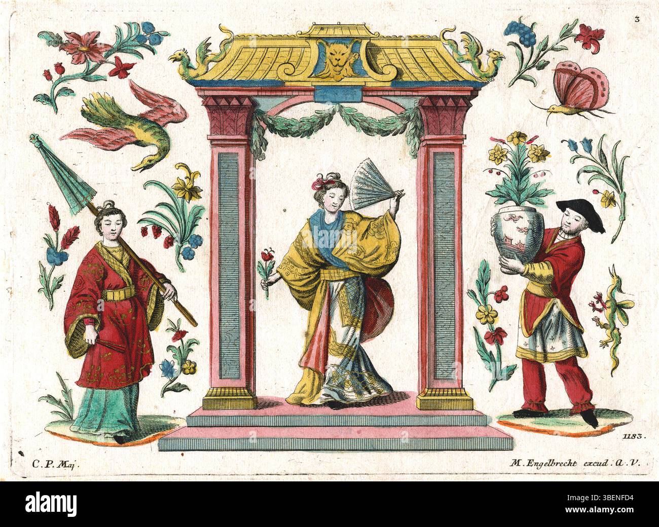 Questo pezzo storico, intitolato "Chinoiserie" di Martin Engelbrecht (1684-1756), rappresenta un movimento artistico europeo influenzato dal design cinese, creato ad Augusta, in Germania. Foto Stock