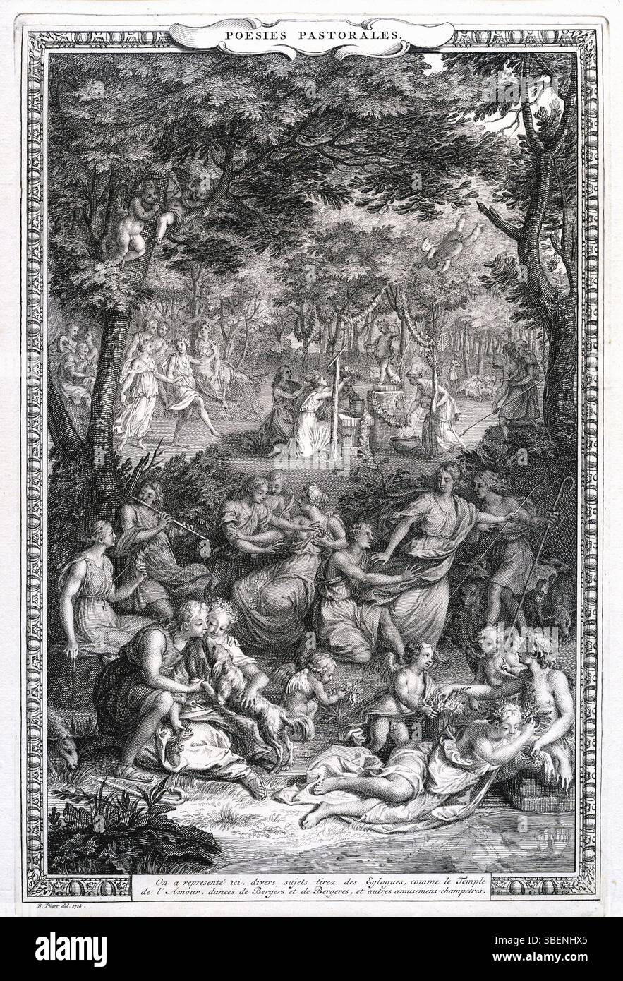 Un'incisione di Bernard Picart (1673-1733) raffigurante diverse coppie impegnate in attività ricreative in un ambiente forestale. Foto Stock