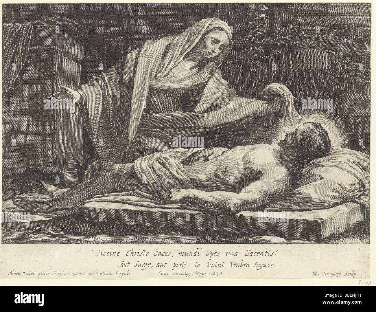 Questa stampa di Michel Dorigny raffigura il momento commovente della morte di Cristo, con Santa Maria Maddalena in lutto accanto a lui in una scena religiosa solenne. Foto Stock