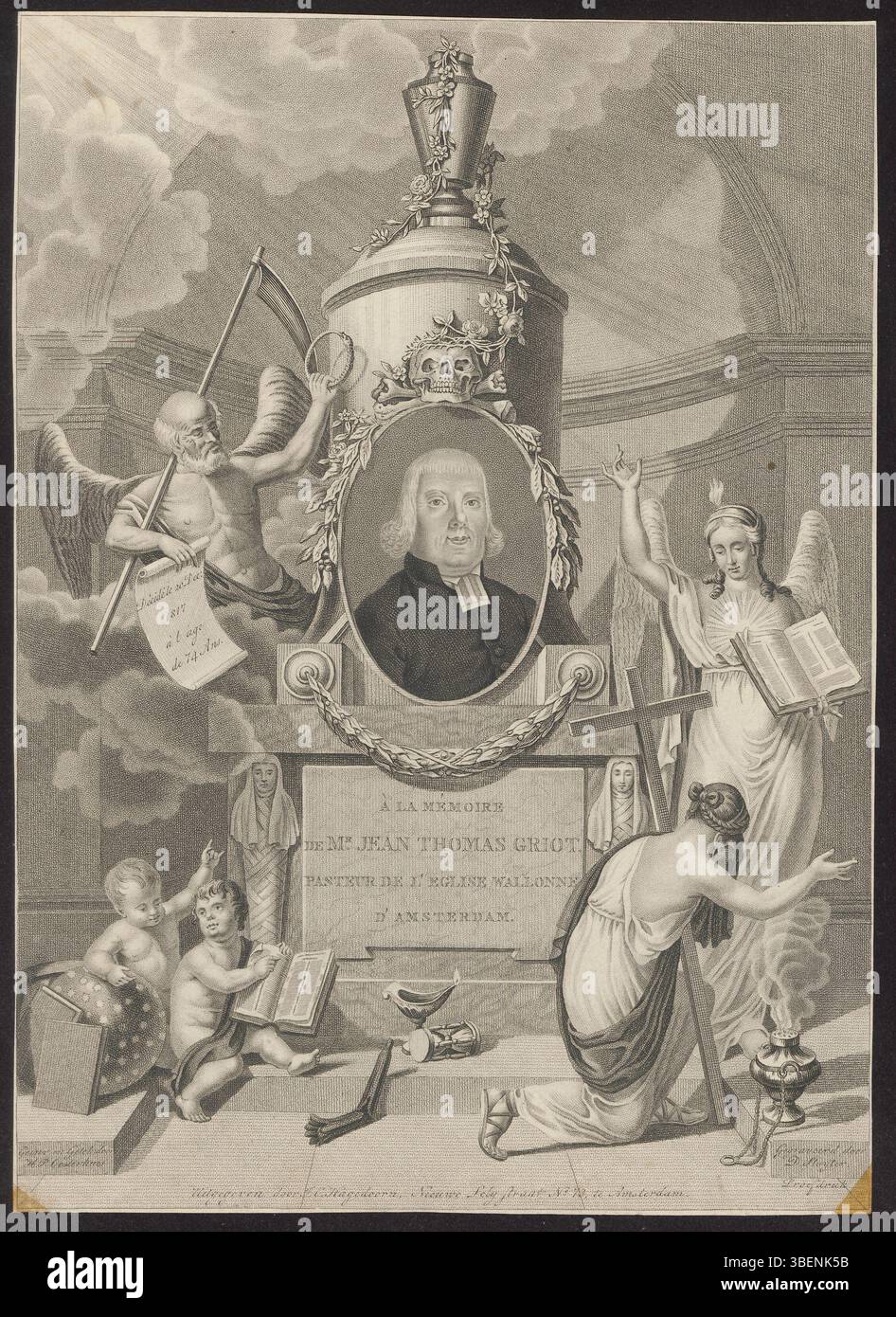 Questo ritratto di D. Sluyter, intitolato Ritratto di Jean Thomas Griot, è contrassegnato come stampa di prova. Include temi allegorici come libri, dei, morte, angeli, croci, e scritture. Il pezzo presenta motivi simili a BWB 576 ed è un importante esempio di arte allegorica del XVIII secolo. Foto Stock