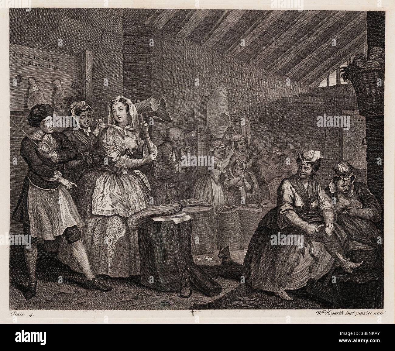 Questo piatto fa parte della serie di William Hogarth "A Harlot's Progress", che satira la caduta di una giovane donna trascinata in una vita di prostituzione. In Plate IV, la protagonista affronta le conseguenze delle sue azioni. Hogarth utilizza commenti sociali per affrontare questioni come la povertà, il crimine e i pericoli della migrazione urbana. Foto Stock
