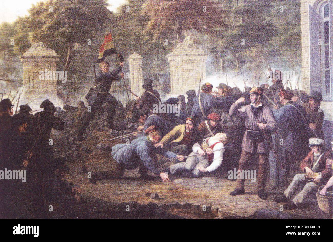 Questo dipinto di Constantin Fidèle Coene illustra un momento chiave della rivoluzione belga del 1830. La scena raffigura la tensione e la lotta dei rivoluzionari che hanno combattuto per l'indipendenza del Belgio dagli olandesi. Foto Stock