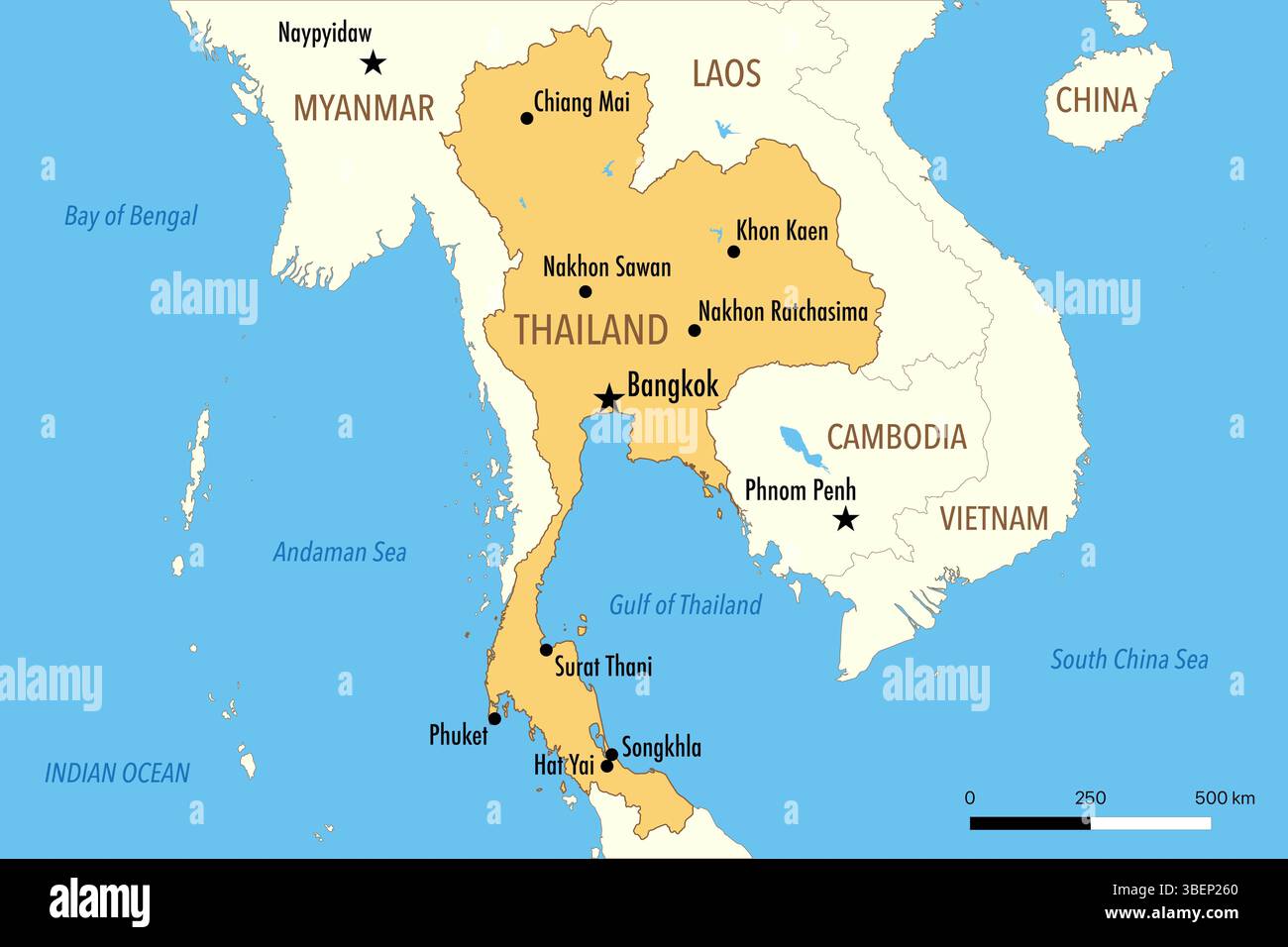Mappa della Thailandia con le principali città e i paesi vicini Foto Stock