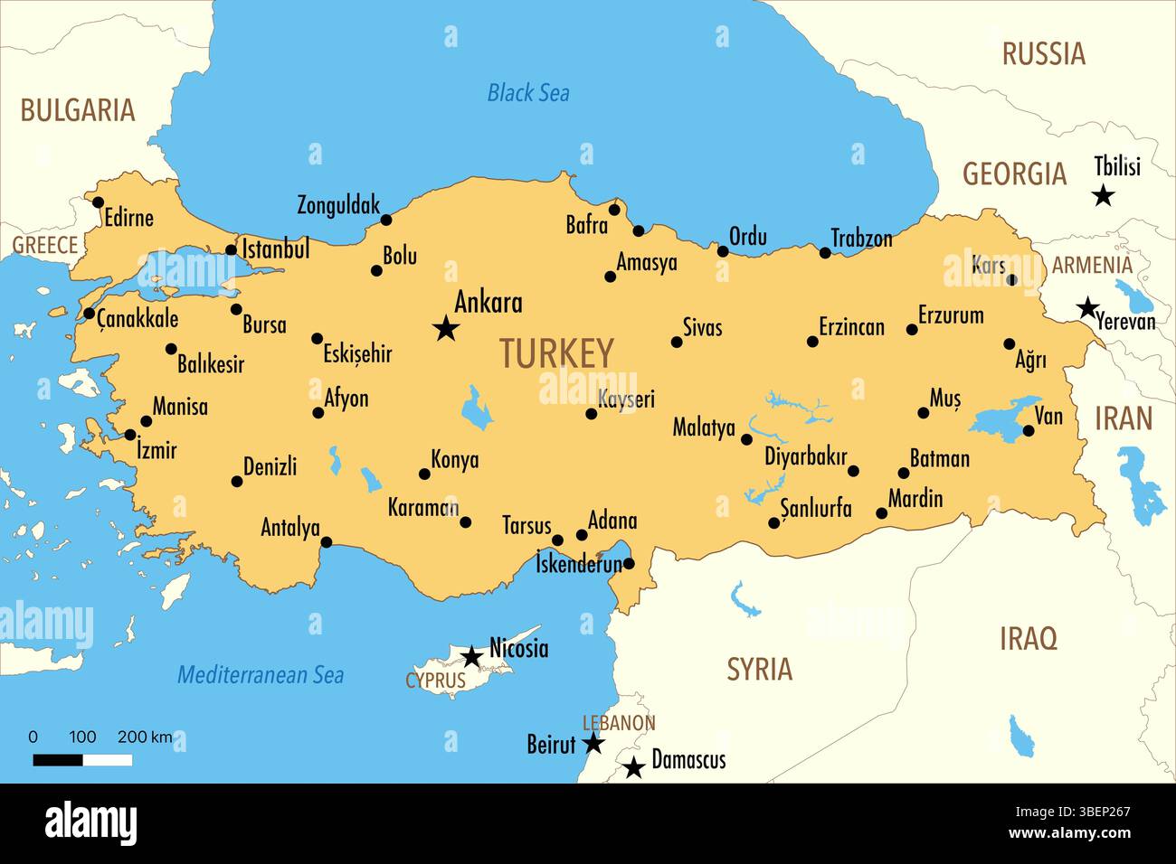 Mappa della Turchia (Turkiye) con le principali città e i paesi vicini Foto Stock
