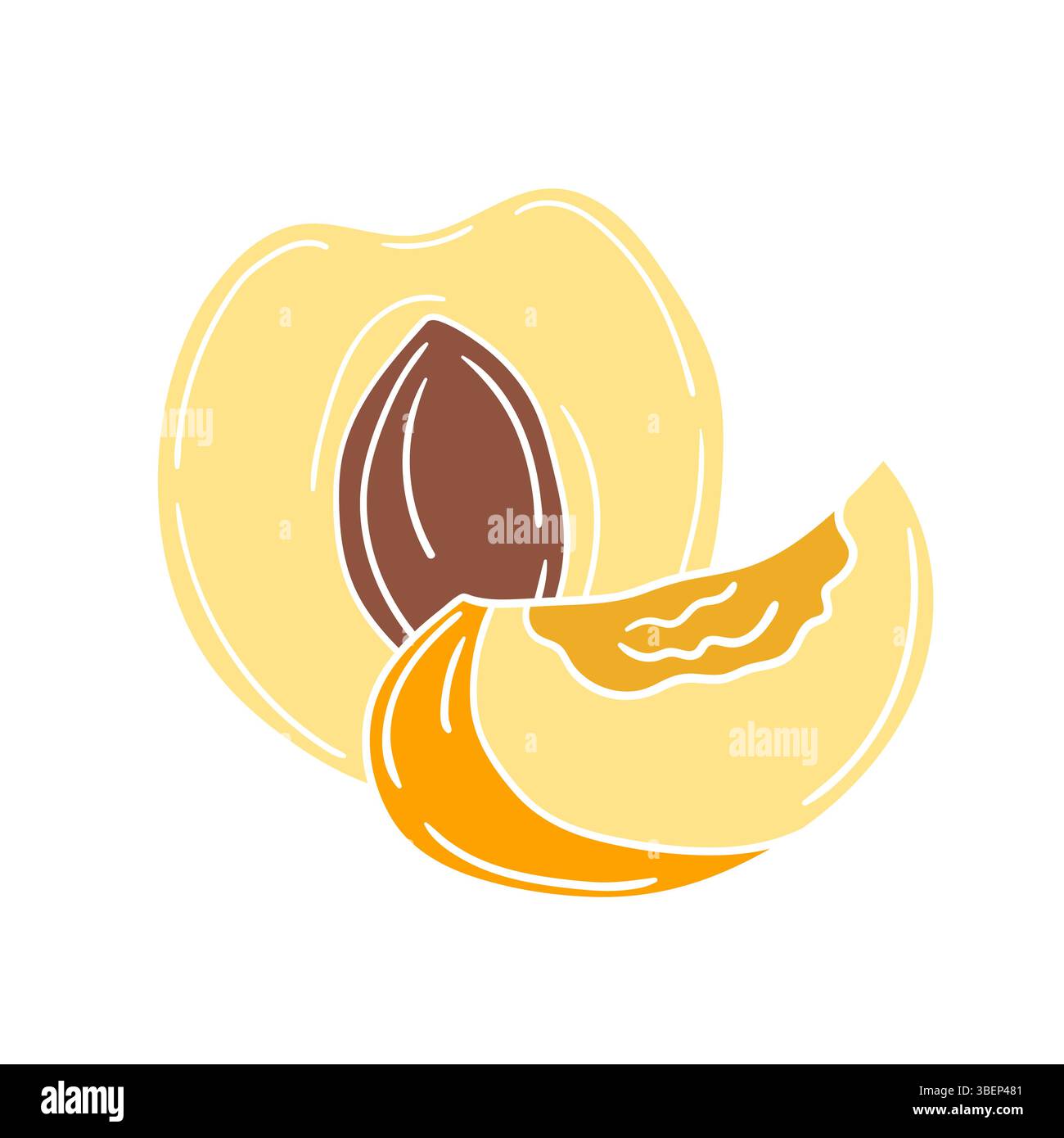 Simpatica illustrazione di frutta in stile disegno a mano. Icona albicocca su sfondo bianco. Contorno bianco. Design per cartoline, volantini, striscioni. Icona Illustrazione Vettoriale
