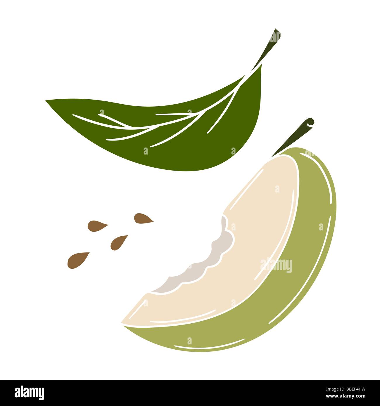 Simpatica illustrazione di frutta in stile disegno a mano. Icona mela verde su sfondo bianco. Contorno bianco. Design per cartoline, volantini, striscioni Illustrazione Vettoriale