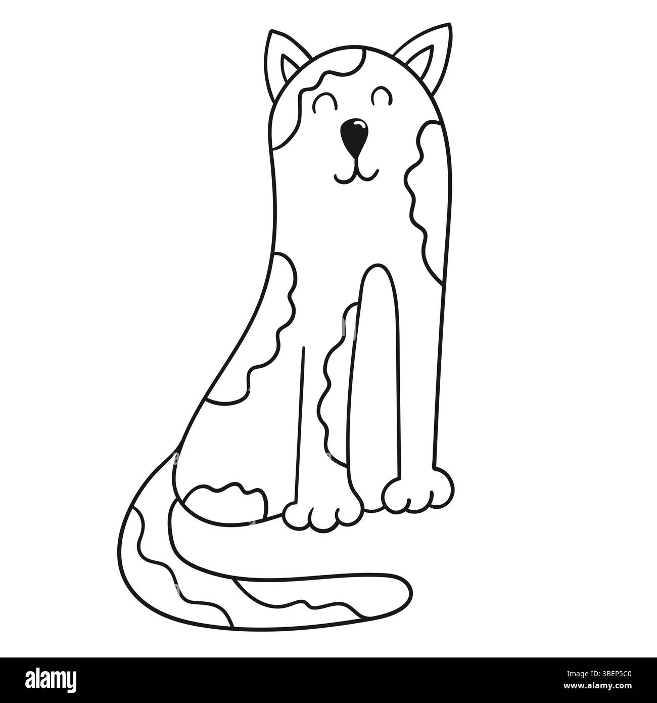 Graziosa illustrazione di animali in stile disegno a mano. Monocromatico. Icona Cat su sfondo bianco. Design per libri da colorare Illustrazione Vettoriale