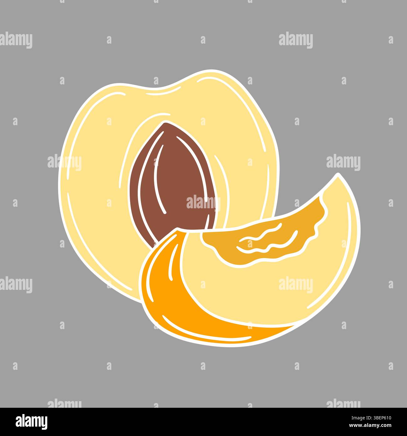 Simpatica illustrazione di frutta in stile disegno a mano. Icona albicocca su sfondo grigio. Contorno bianco. Design per cartoline, volantini, striscioni. Icona Illustrazione Vettoriale