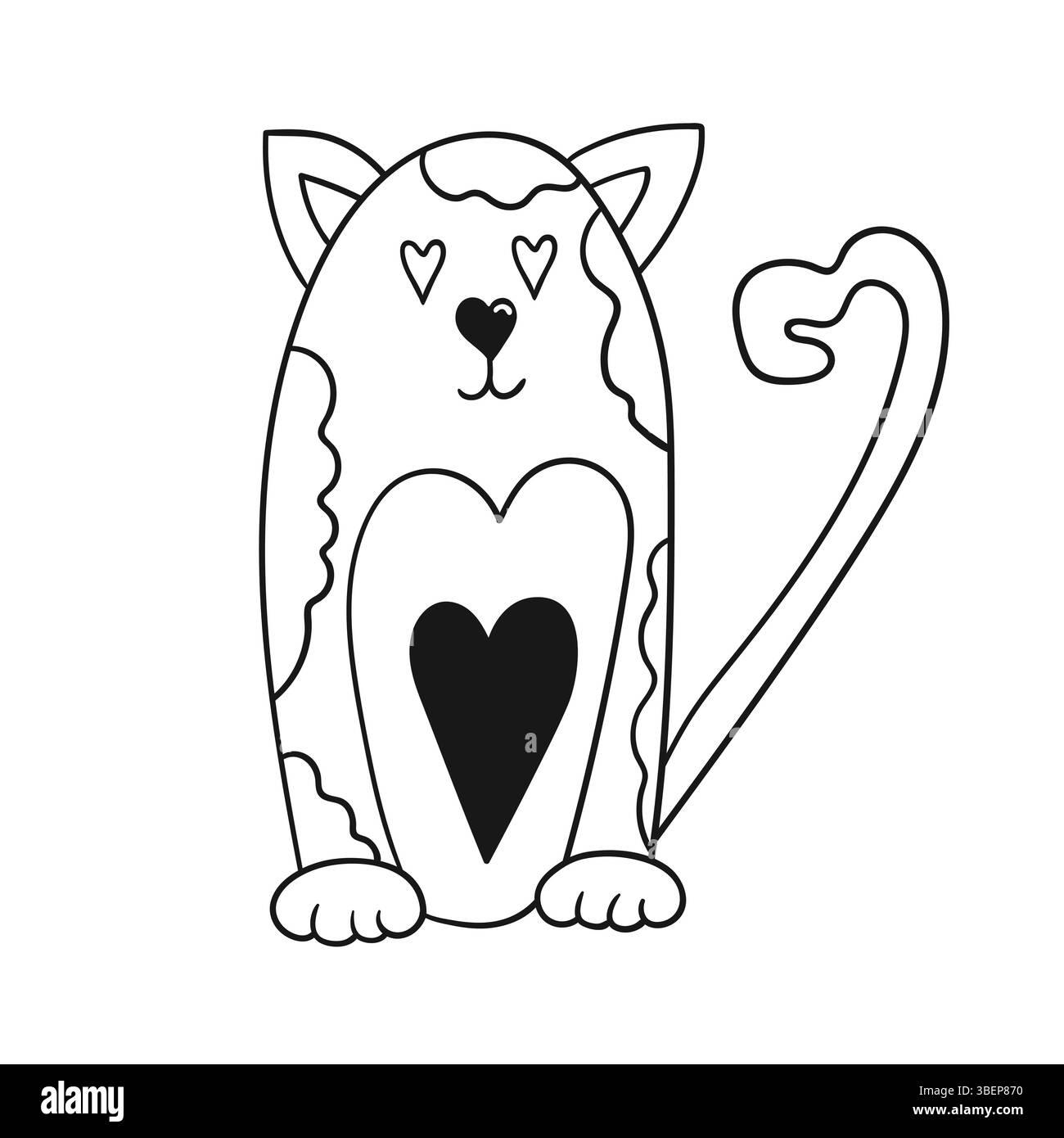 Graziosa illustrazione di animali in stile disegno a mano. Monocromatico. Icona Cat su sfondo bianco. Design per libro da colorare Illustrazione Vettoriale