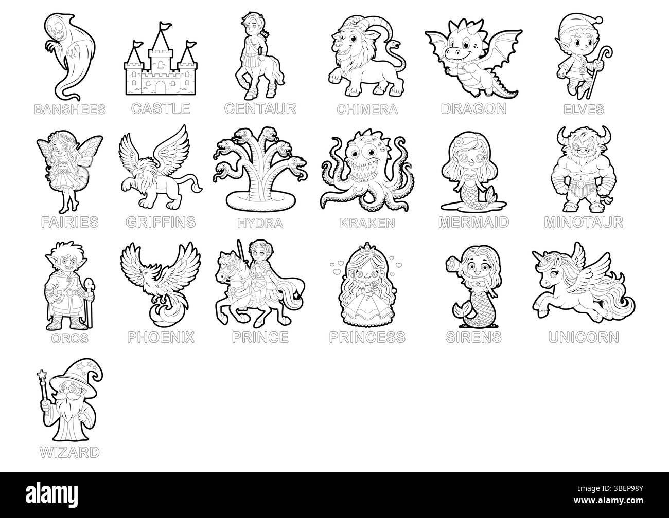Un'illustrazione vettoriale dei personaggi immaginari della Fantasy Cartoon Outline bianco e nero Illustrazione Vettoriale
