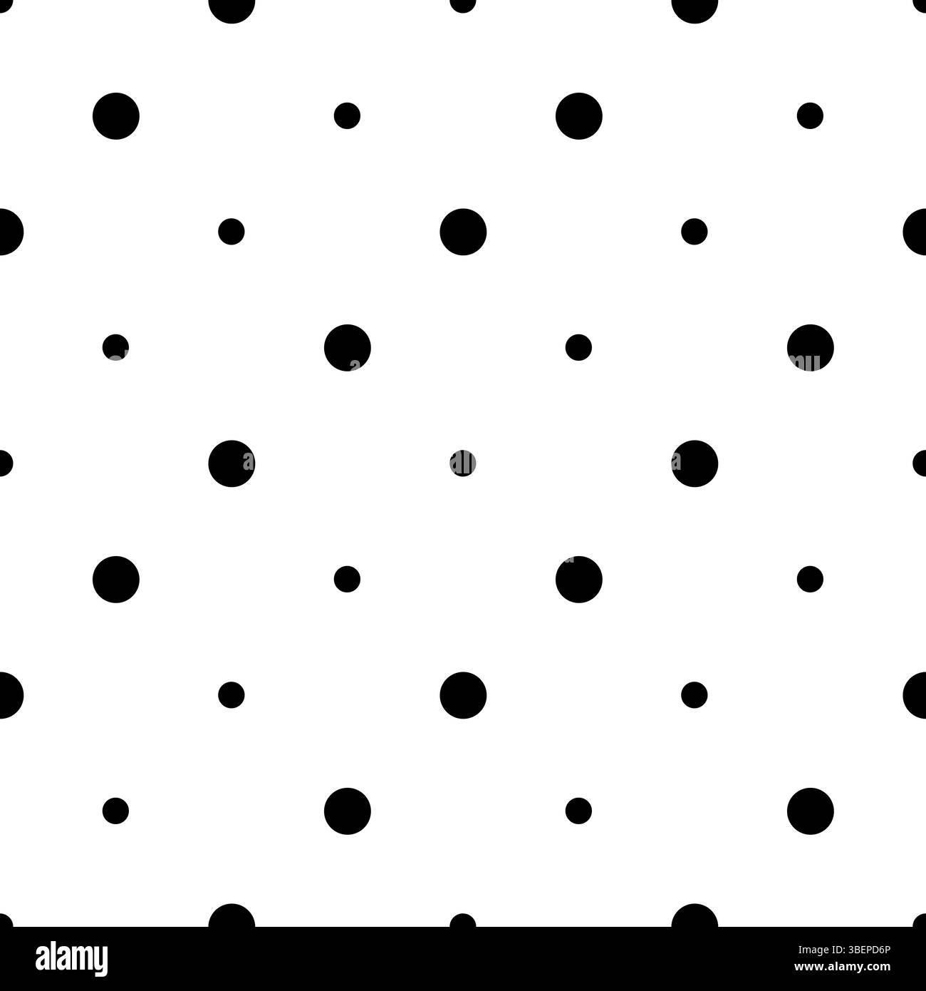 Illustrazione vettoriale disegnata a mano con motivo bianco e nero a pois Polka, texture decorativa monocromatica di cerchi rotondi di diverse dimensioni, ornamento semplice e minimalista per tessuti, carta regalo Illustrazione Vettoriale