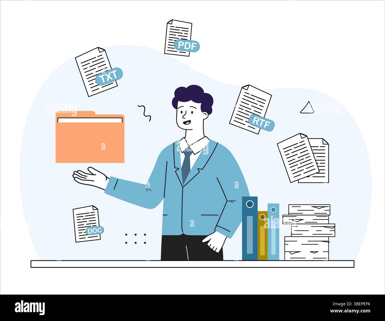 Uomo con i file. Giovane ragazzo vicino a una cartella con documenti elettronici in diversi formati. Catalogo digitale, archiviazione e archiviazione. RTF, pdf, txt e doc Illustrazione Vettoriale