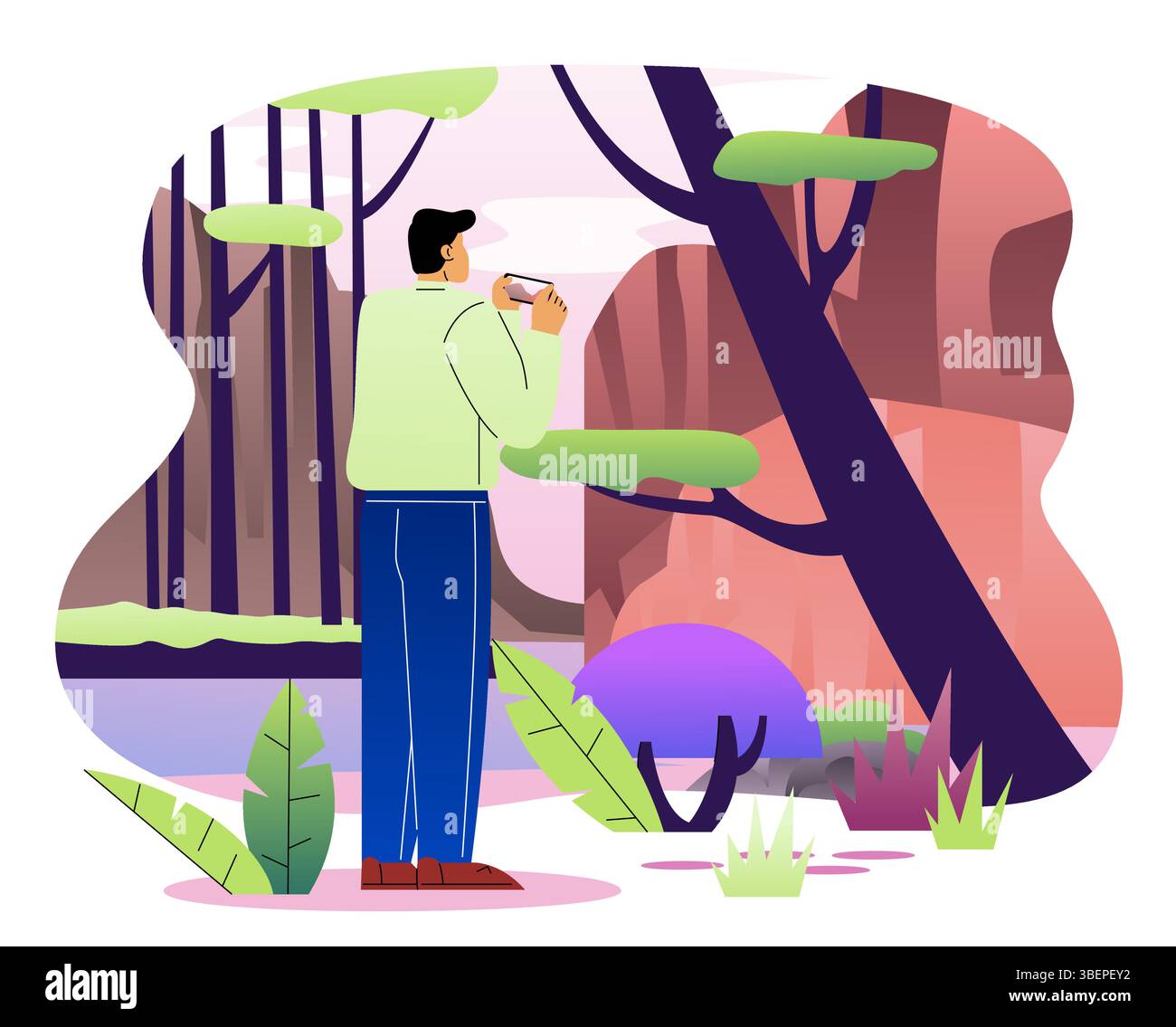 L'uomo scatta foto di paesaggi. Ragazzo con fotocamera che scatta foto dell'area naturale. Viaggiatore e turista. Il fotografo scatta foto panoramiche. Fauna e. Illustrazione Vettoriale