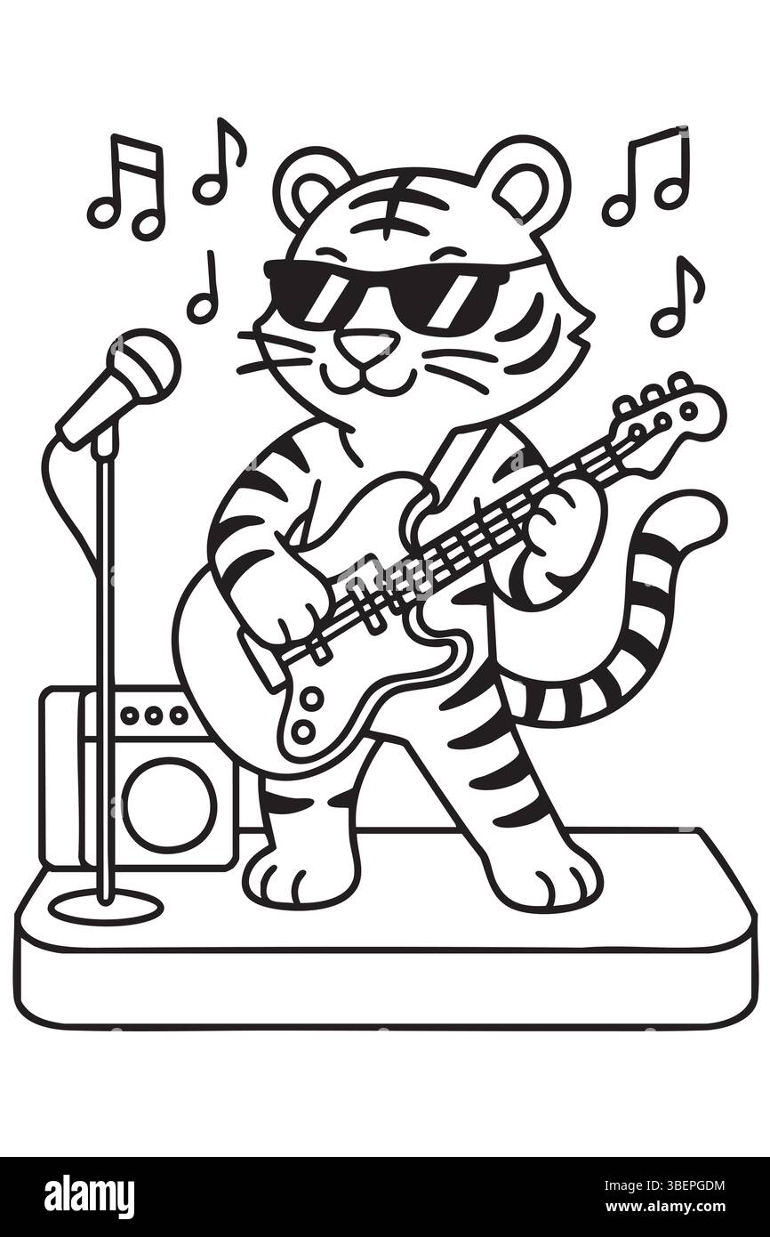 Una tigre suona energicamente una chitarra e canta in un microfono Illustrazione Vettoriale