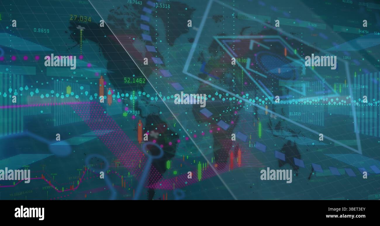 Immagine dell'elaborazione dei dati finanziari e dei numeri che cambiano sulla mappa mondiale su sfondo blu Foto Stock