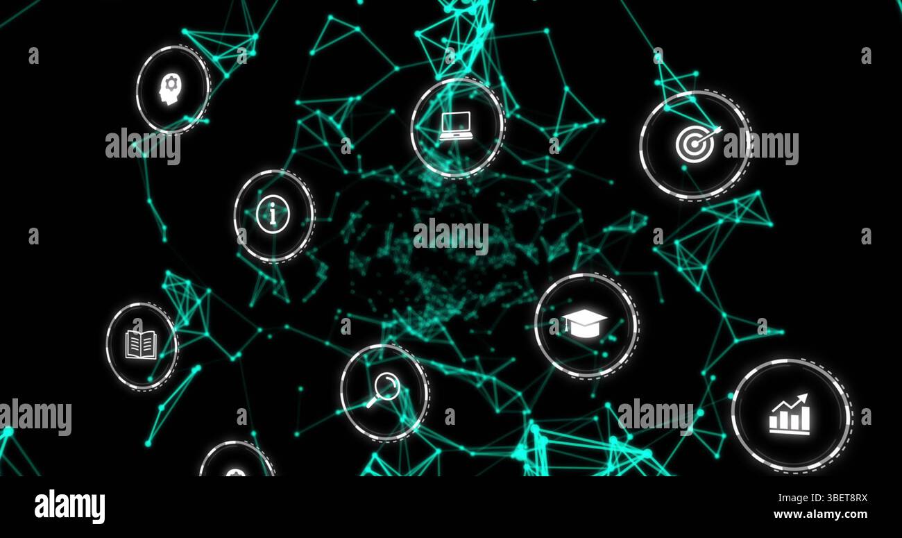 Immagine di icone didattiche cadenti sulla rete di connessioni su sfondo scuro Foto Stock