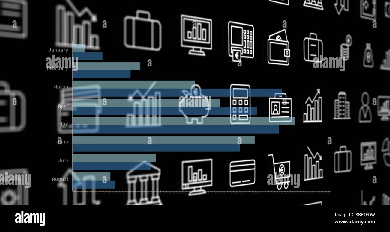 Immagine di icone finanziarie e grafici su sfondo nero Foto Stock
