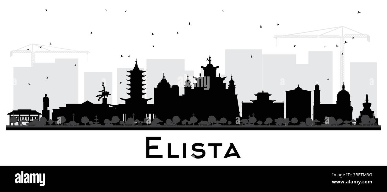 Silhouette dello skyline della città di Elista Russia con edifici neri isolati sul bianco. Illustrazione vettoriale. Paesaggio urbano di Elista con monumenti storici. Illustrazione Vettoriale