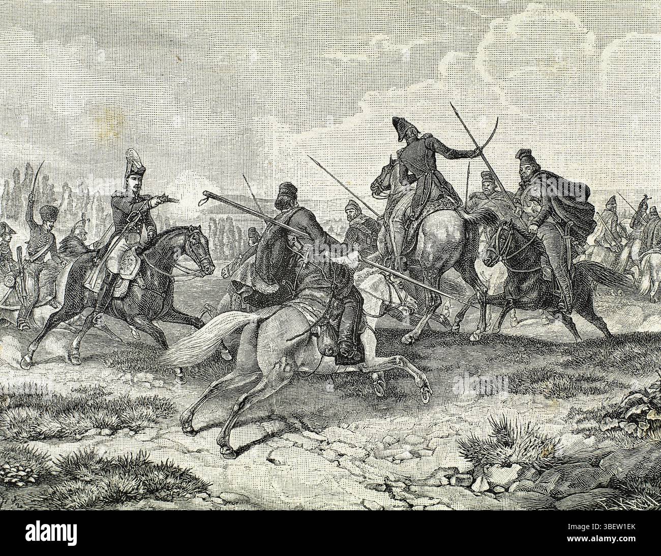 Guerre napoleoniche. Invasione francese della Russia. Combattere i cosacchi russi contro l'esercito francese. Incisione, XIX secolo. Incisione, XIX secolo. Foto Stock