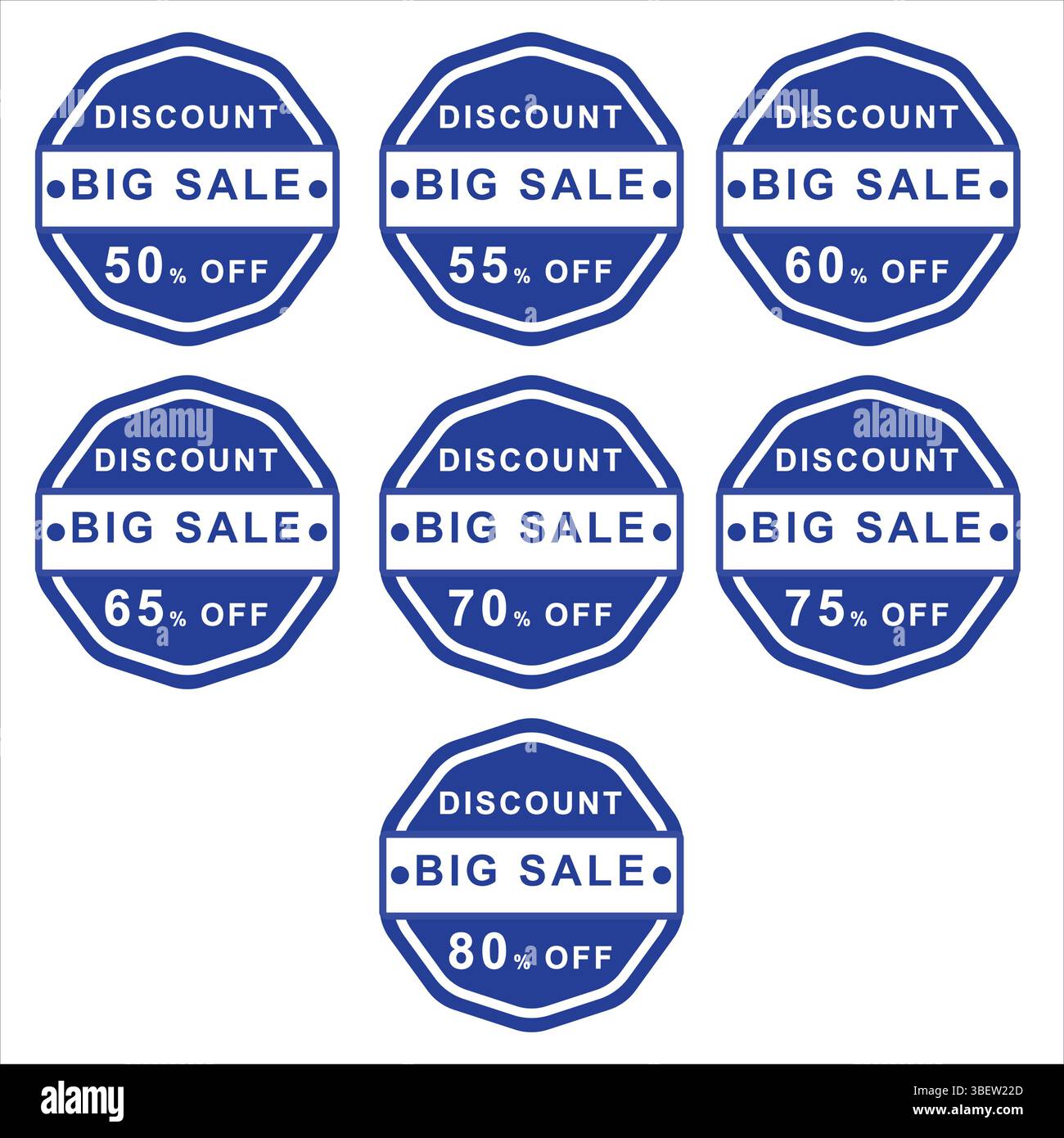 Set di banner con sconti di grande valore, modelli promozionali colorati con 50%, 60% e 70% di sconto sulle offerte, vettore modificabile su sfondo bianco. Illustrazione Vettoriale