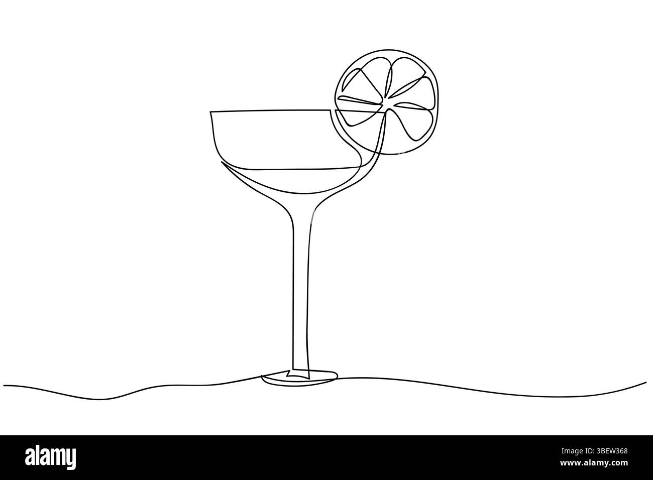 Disegno minimalista che raffigura un bicchiere da cocktail con una fetta di limone sul bordo Illustrazione Vettoriale