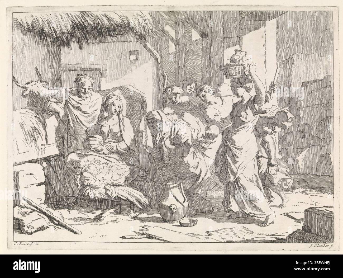 Amsterdam, Schenk, Leonard, Lairesse, Gerard de, ignoto, Glauber, Johannes, spettacoli biblici, mitologici e allegorici, Adorazione dei pastori, Amsterdam, verso in mezzo - timbrato, i pastori e le loro mogli sono riuniti intorno al bambino Cristo, che giace in un presepe. La donna di fronte si inginocchia. Maria siede accanto al bambino, dietro a lei Giuseppe e il bue. In background i membri dei loro seguaci. La stampa fa parte di una serie con prestazioni bibliche, mitologiche e allegoriche. Stampa, altezza 280 mm, larghezza 382 mm, 1646 - 1726, stampatore, 1656 - 1726, carta, incisione, WO Foto Stock