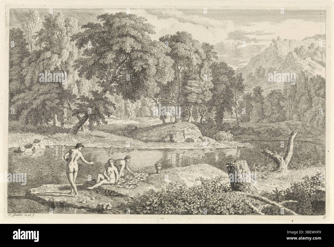 Glauber, Johannes, unknown, Glauber, Arcadian Landscapes, paesaggio dell'Arcadia con un fiume e tre donne che fanno il bagno, con stampa verso il centro, un paesaggio arcadiano con un fiume e tre donne che fanno il bagno. La stampa fa parte di una serie di paesaggi arcadiani., stampa, larghezza 365 mm, altezza, 237 mm, 1646 - 1726, stampatore, 1656 - 1726, carta, incisione, concezione del lavoro, 1646 - 1726 Foto Stock