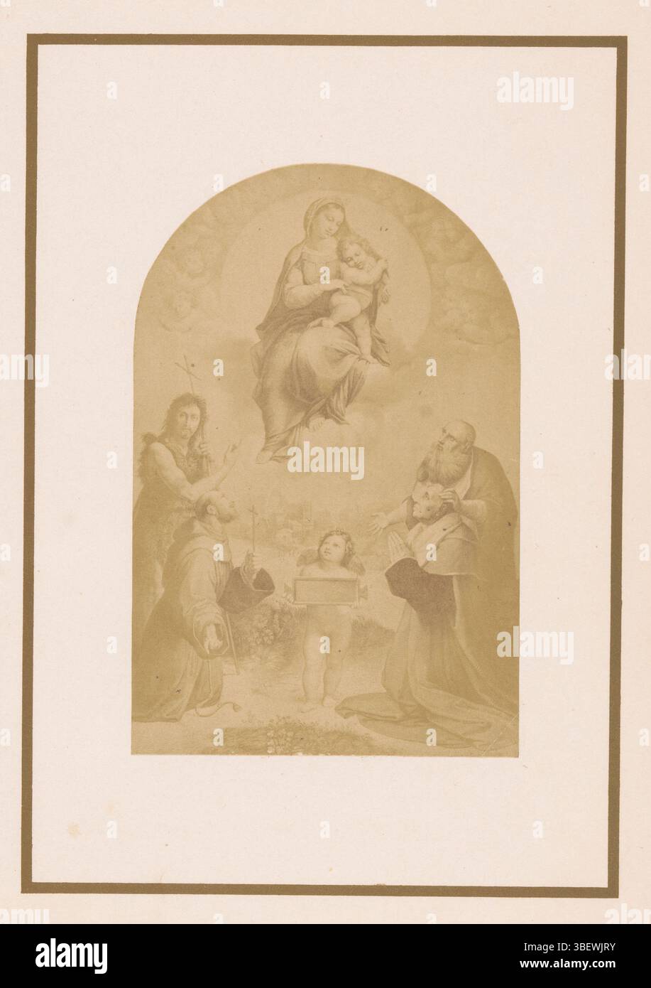 Raffaello, Hufnagel, E., fotoreproduzione da una stampa a un dipinto, raffigurante la Madonna van Foligno, fotografia, fotografia, riproduzione, pagina, foto, libri fotografici illustrati, altezza 148 mm, larghezza 110 mm, fotografo, 1855 - 1860, carta fotografica, carta fotografica, stampa di album, stampa di albumina, concetto di lavoro, da stampare dal, 1483-04-07 - 1520-04-07 Foto Stock
