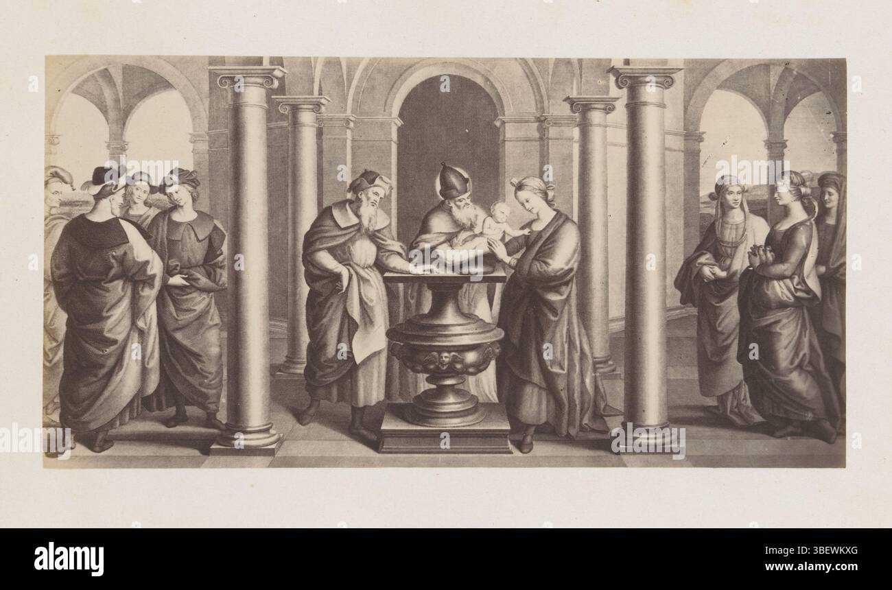 Raffaello, fotoreproduzione da un'incisione alla presentazione nel tempio di Raffaello in Vaticano, fotografia, fotografia, riproduzione, pagina, foto, libri fotografici illustrati, altezza 111 mm, larghezza 215 mm, fotografo, 1863 - 1868, carta fotografica, carta fotografica, stampa di album, stampa di albumina, concetto di lavoro, da stampare dal, 1483-04-07 - 1520-04-07 Foto Stock
