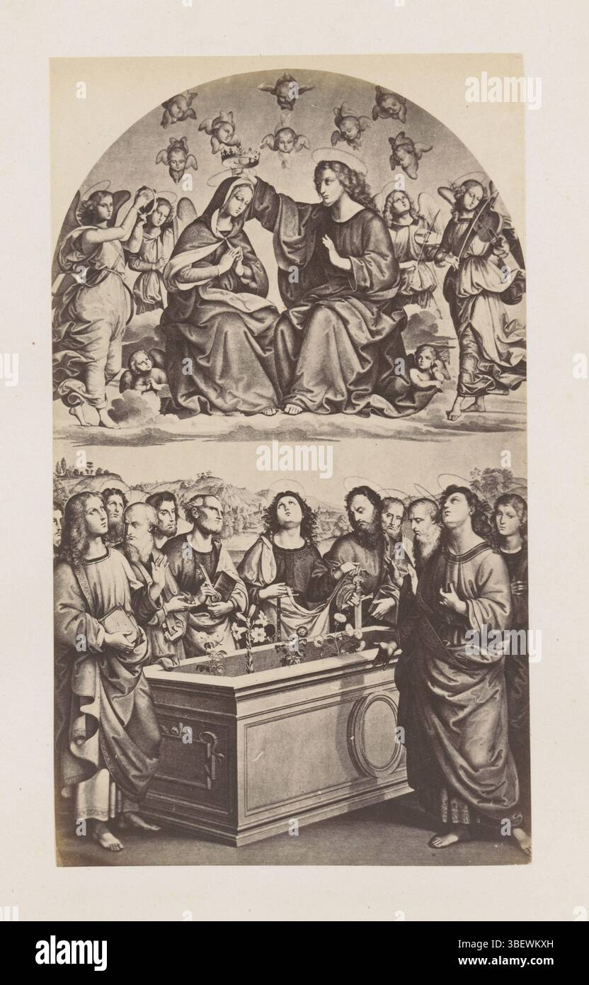 Raffaello, Fotoreproduzione da un'incisione all'incoronazione di Maria di Raffaello in Vaticano, fotografia, fotografia, riproduzione, pagina, foto, libri fotografici illustrati, altezza 209 mm, larghezza 123 mm, fotografo, 1863 - 1868, carta fotografica, carta fotografica, stampa di album, stampa di albumina, concetto di lavoro, da stampare dal, 1483-04-07 - 1520-04-07 Foto Stock