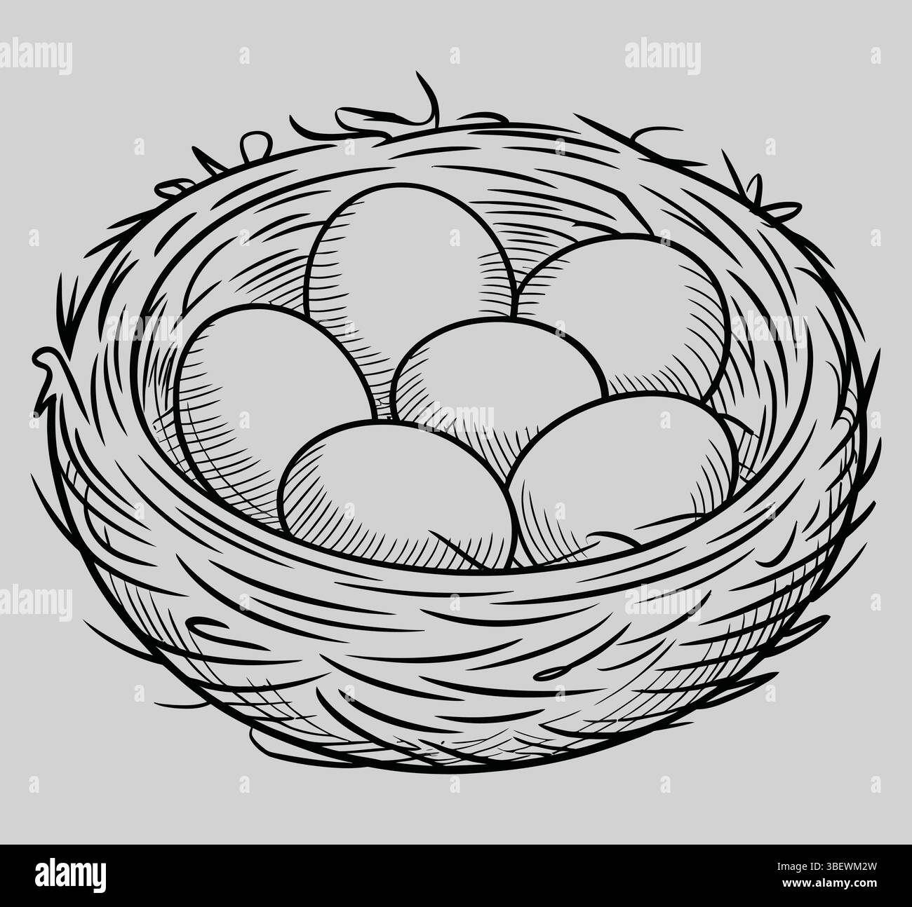 Un'illustrazione in linea delicatamente resa cattura la serena semplicità del nido di un uccello traboccante di uova, simboleggiando la nuova vita e la crescita Illustrazione Vettoriale