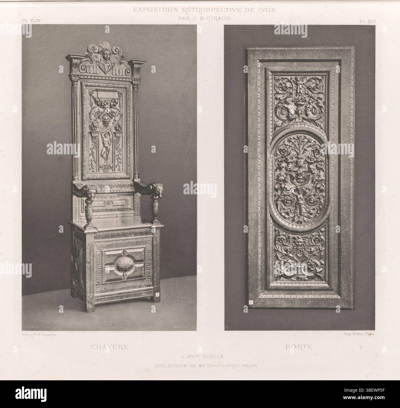 Parigi, Impérie Eudes, Dujardin, Lione, seicentesca sede del legno e porta del legno del XVI secolo, alla Exposition Rétrospective del 1877 a Lione, Francia, Parigi, recto - stampa fotomeccanica, pagina, foto, libri illustrati fotografici, EXPOSITION RÉTROSPECTIVE DE LYON/ PAR J. B. GIRAUD, PL. XLIV., PL. XLV., CHAYÈRE, PORTE, XVIe SIÈCLE/ COLLECTION DE MR CHAMBRÈRES-ARLES., altezza 305 mm, larghezza 462 mm, fotografo, 1877 - 1880, carta, clichémaker, francese, stampante Foto Stock