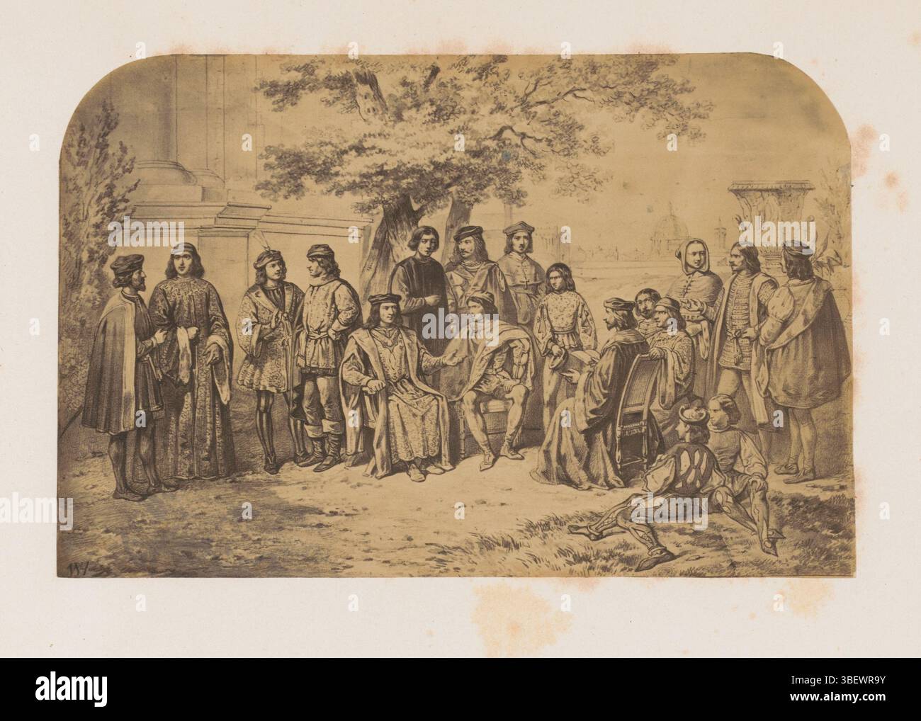 Fotoreproduzione di una stampa della corte di Lorenzo i de'Medici, fotografia, fotografia, pagina, riproduzione, foto, libri fotografici illustrati, altezza 140 mm, larghezza 212 mm, fotografo, 1856 - 1861, carta fotografica, carta fotografica, stampa di album, stampa di albumina, concetto di lavoro Foto Stock