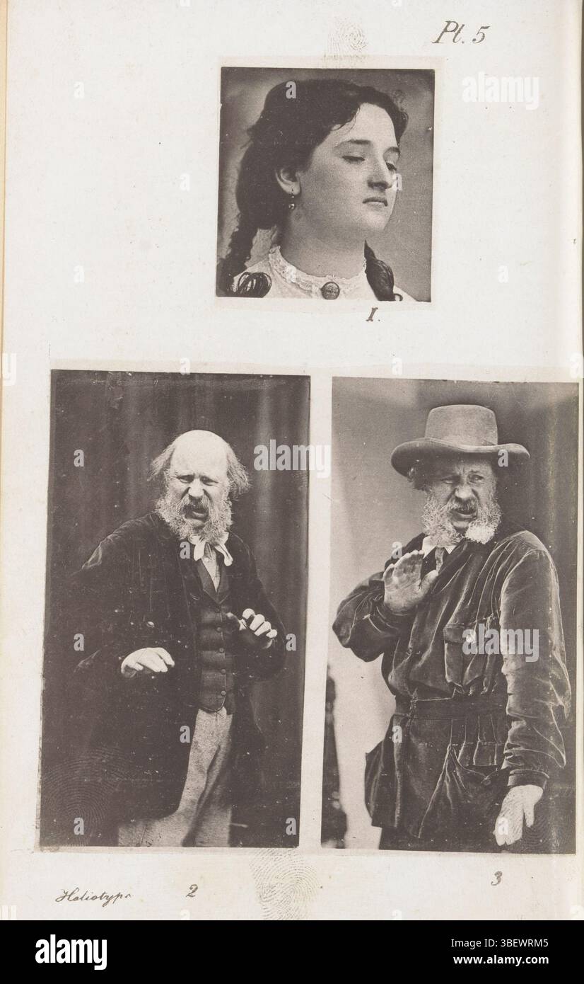 Rejlander, Oscar Gustave, tre registrazioni di persone che esprimono disprezzo, redatte, stampa fotomeccanica, pagina, foto, libri illustrati fotografici, PL. 5., altezza 157 mm, larghezza 107 mm, inglese, 1813 - 1875, fotografo, 1867 - 1872, carta, collotipo, stampa leggera, creatore del clichémaker Foto Stock