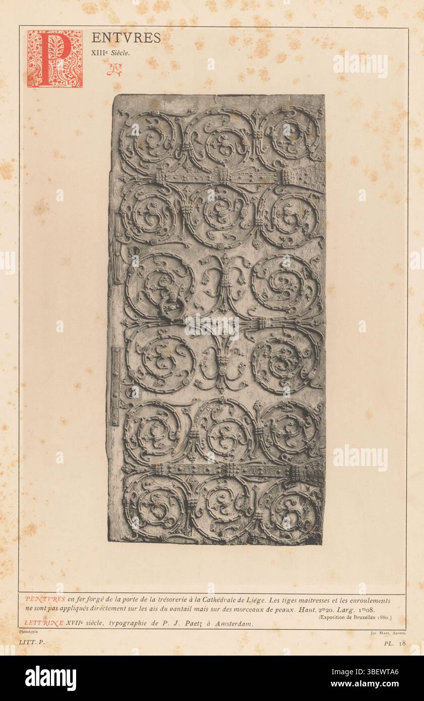 Amsterdam, Paetz, P. J., Anversa, Maes, Joseph, Pentures, XIIIe Siècle, porta decorata della Cattedrale di San Paolo di Liegi, Amsterdam, recto - timbrato, stampa fotomeccanica, pagina, fotografie, libri illustrati, PANTURES e fer forgés, recto - stampato, LITT. P. - PL. 18., JJvy, altezza 336 mm, larghezza 232 mm, fotografo, 1876 - 1881, carta, collotipo, lightprint, fotolitografia, belga, 1838 - 1908, clichémaker, concezione del lavoro Foto Stock