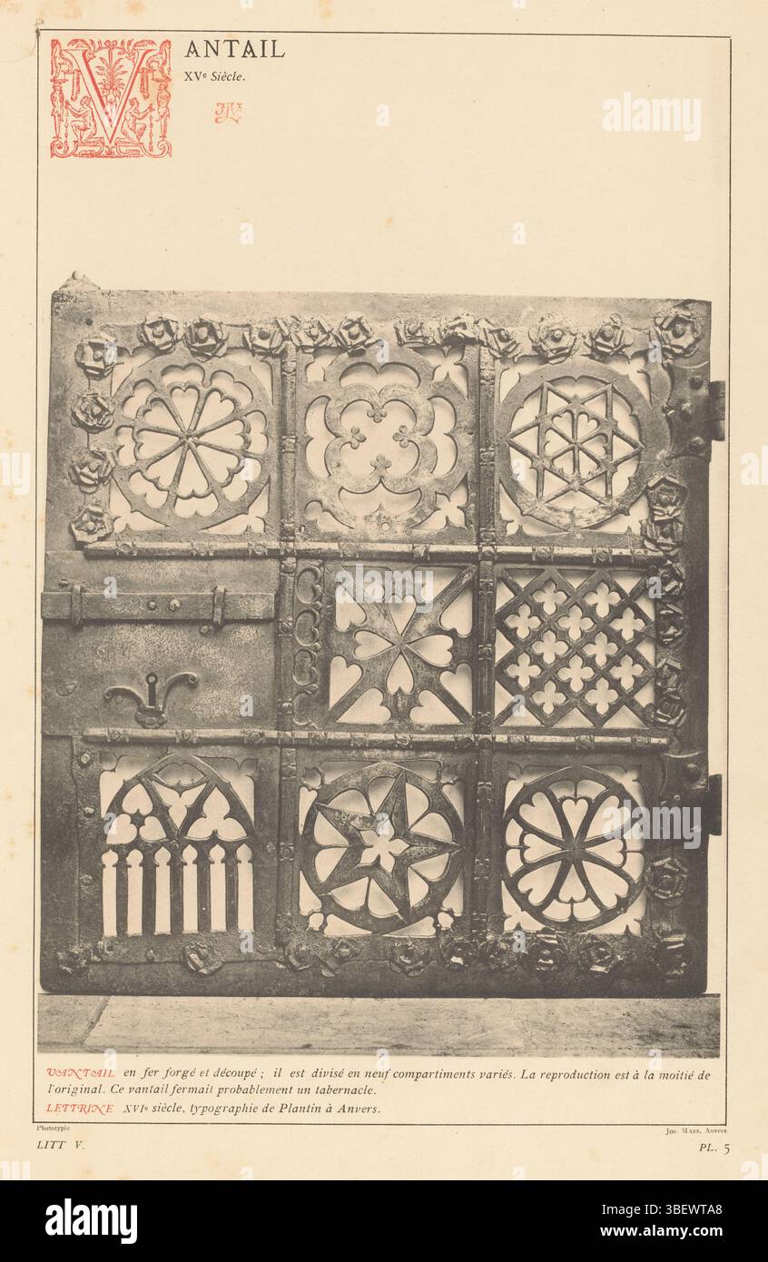 Anversa, Plantijn, Christoffel, Anversa, Maes, Joseph, Vantail, XVe Siècle, pannello porta in ferro battuto, stampa recto-stampigliata, stampa fotomeccanica, pagina, foto, libri illustrati fotografici, VANTAIL e fer forgé, recto - stampato, LITT. V. - PL. 5., JJvy, altezza 340 mm, larghezza 238 mm, fotografo, 1876 - 1881, carta, collotipo, stampa leggera, fotolitografia, belga, 1838 - 1908, clichémaker, Work Conception, 1514 - 1589-07-01 Foto Stock